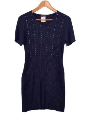 Esprit de Corp Womens M Black Knit Dress Wool Acrylic Metallic Beaded Ribbed